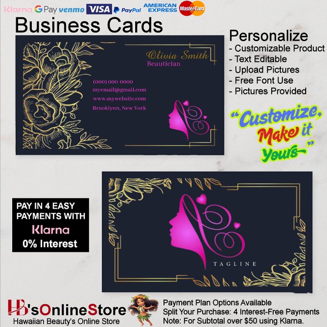 Tarjeta De Visita Personalizable  Oro Elegante Plantilla 12 (Customizable Pink Gold Elegant Template Business Card 12.)