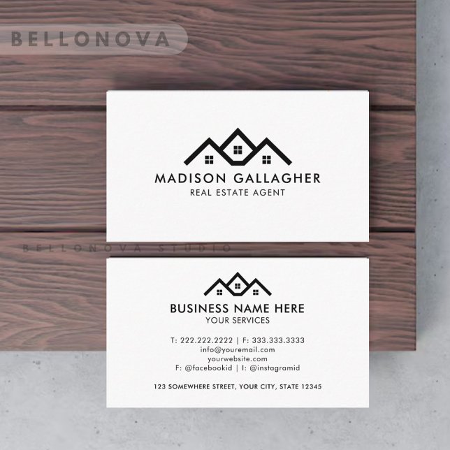 Tarjeta De Visita Personalizado Agente Inmobiliario Blanco Y Negro (Custom Dark Black And White Real Estate Agent Business Card)