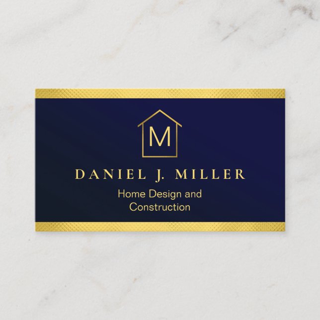 Tarjeta De Visita Personalizado Azul + Oro Casa Construcción Lux (Anverso)