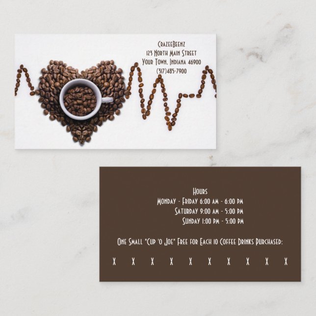 Tarjeta De Visita Personalizado Beans Heart Coffee Shop & Punch (Anverso / Reverso)