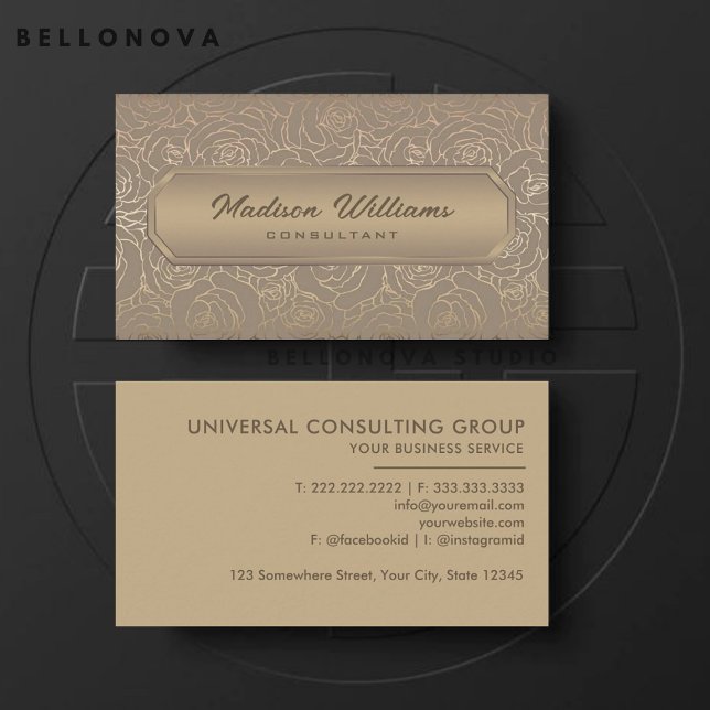 Tarjeta De Visita Personalizado Beige Brown Gray Gold Flowers Profes (Custom Beige Brown Grey Gold Flowers Professional Business Card)