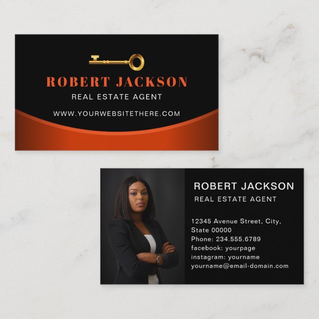 Tarjeta De Visita Personalizado Black + Golden key Realtors Luxury P (Anverso / Reverso)