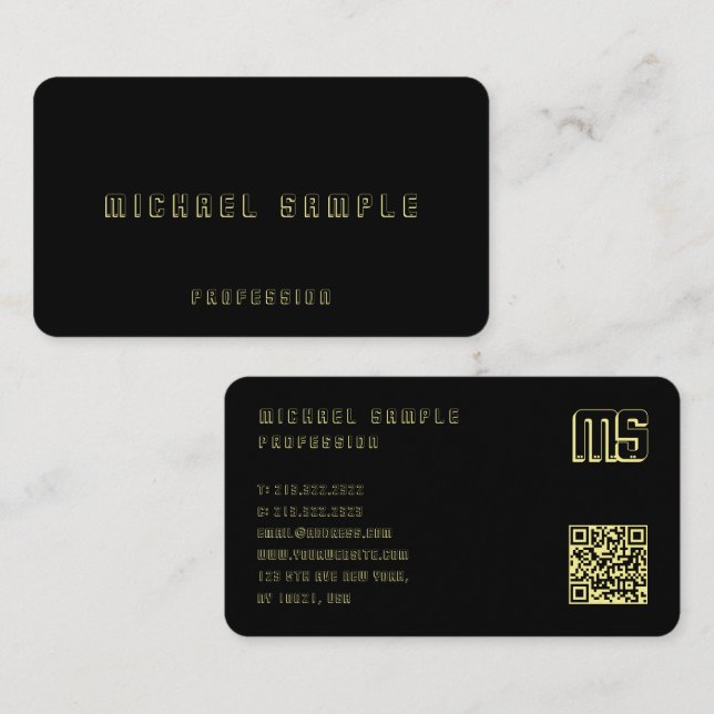 Tarjeta De Visita Personalizado Código QR Monograma Elegante Negro Y (Anverso / Reverso)