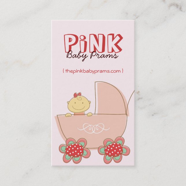 Tarjeta De Visita Personalizado Cuta Niña Bebé En Pram Rosa Moderno (Anverso)