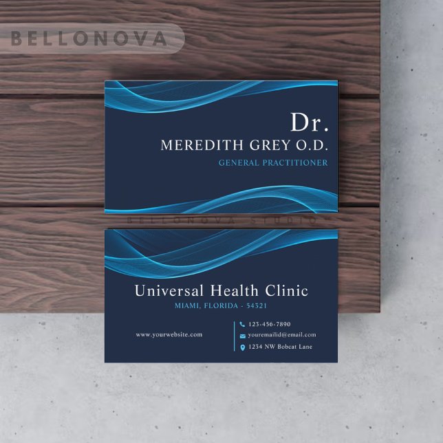 Tarjeta De Visita Personalizado Dark Bright Blue Médicas Fancy (Custom Dark Bright Blue White Doctors Fancy Business Card)