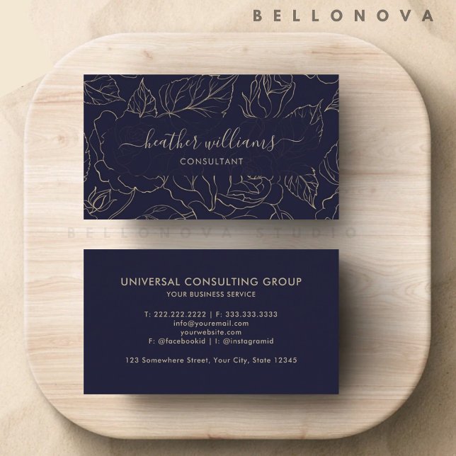 Tarjeta De Visita Personalizado Dark Navy Blue Gold Flower Profesion (Custom Dark Navy Blue Gold Flower Professional Business Card)