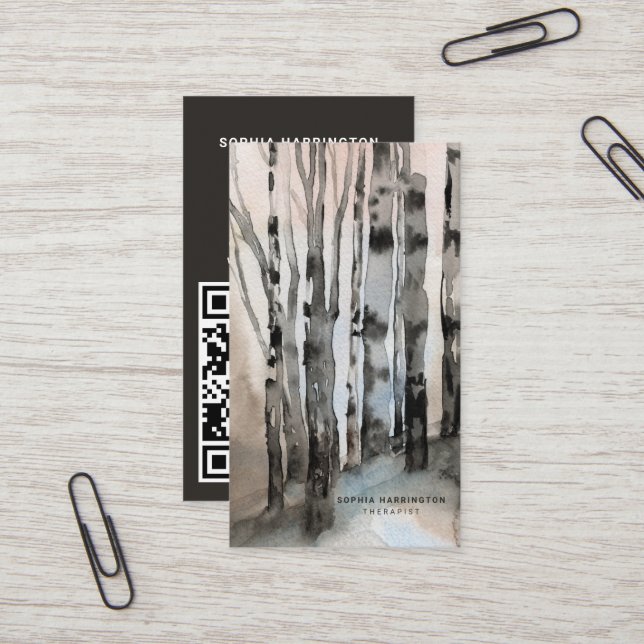 Tarjeta De Visita Personalizado de árboles de Birch QR Código Montañ (Anverso/Reverso In Situ)