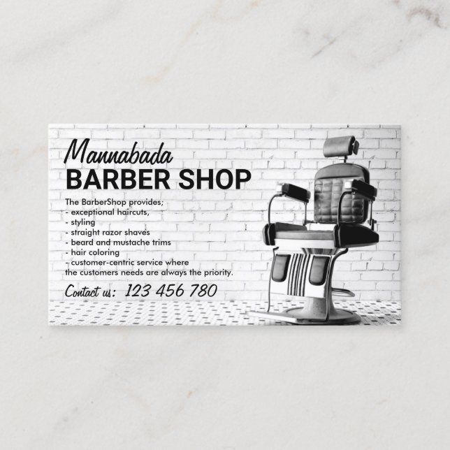 Tarjeta De Visita Personalizado de barbería blanco negro y foto (Anverso)
