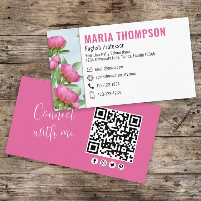 Tarjeta De Visita Personalizado de código QR Elegante Floral Rosa Co (Subido por el creador)