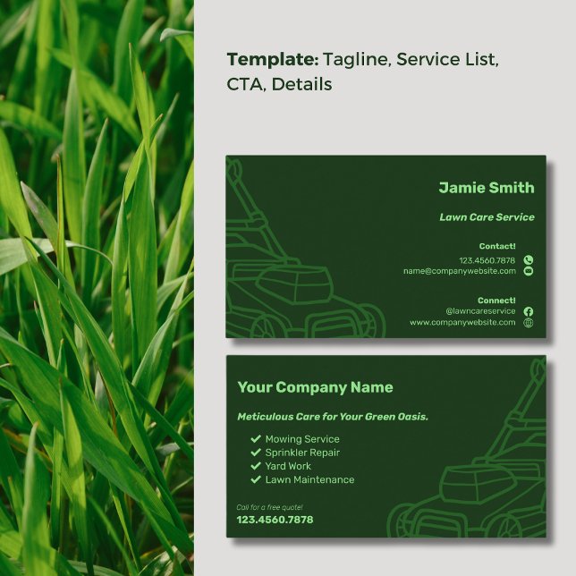 Tarjeta De Visita Personalizado de contorno de ducha Mantenimiento d (Mower Outline Custom Dark Green Lawn Maintenance Business Card, Service List,  CTA, Call)