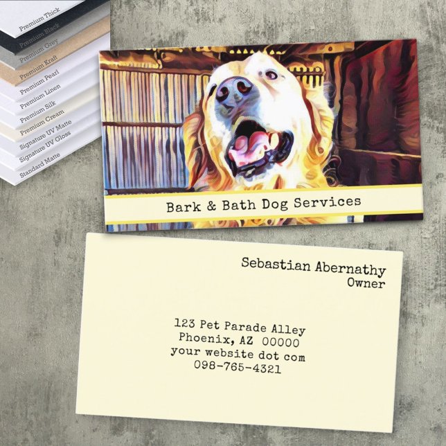 Tarjeta De Visita Personalizado de Cuidado Animal Foto Golden Retrie (business card front and back with template text)