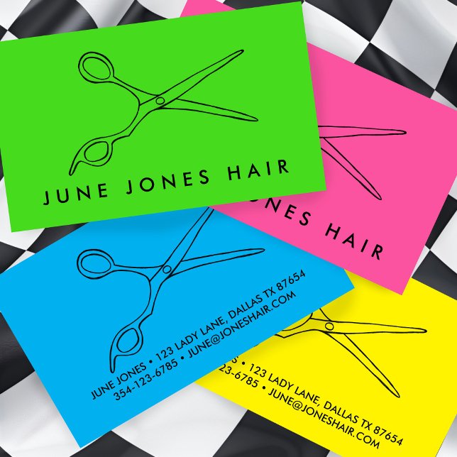 Tarjeta De Visita Personalizado de dibujo de línea de Moda de tijera (Hair Stylist Scissors Chic Line Drawing CUSTOM Bold Colorful Business Card
)