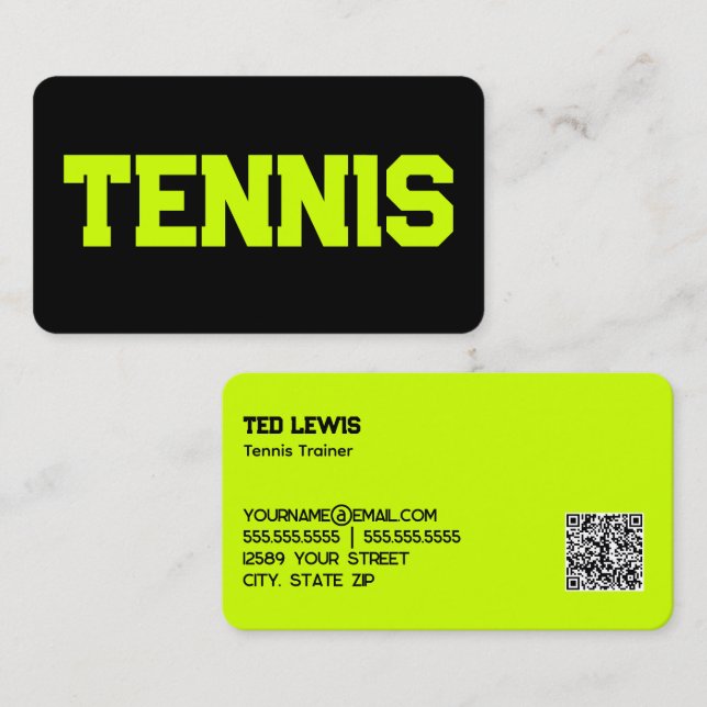 Tarjeta De Visita Personalizado de entrenador de tenis QR (Anverso / Reverso)