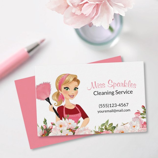 Tarjeta De Visita Personalizado de flores rosadas Servicios de limpi (Subido por el creador)