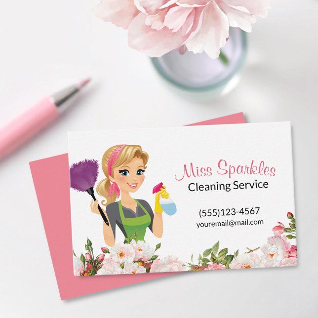 Tarjeta De Visita Personalizado de flores rosadas Servicios de limpi (Subido por el creador)