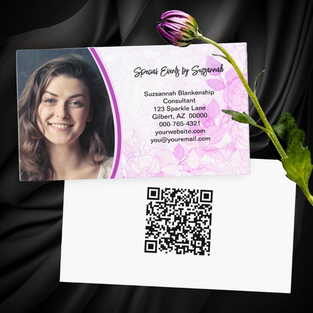Tarjeta De Visita Personalizado de fondo floral rosa profesional (front pastel floral and custom photo; back QR code on white business card)