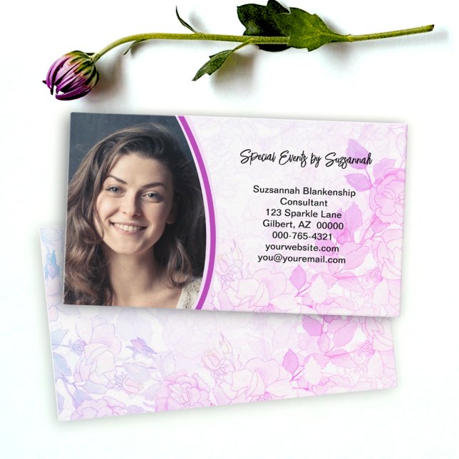 Tarjeta De Visita Personalizado de fondo floral rosa profesional (front and back pastel floral background business card)