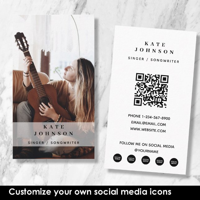 Tarjeta De Visita Personalizado de fotografía de cantante Código QR  (Singer Musician Photo Custom Social Media QR Code Business Card)