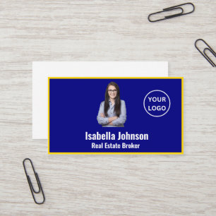 Tarjeta De Visita Personalizado de fotografía moderno azul y oro
