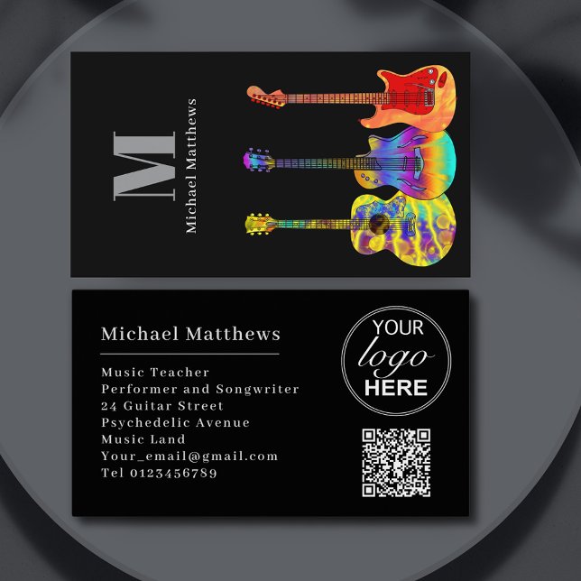 Tarjeta De Visita Personalizado de guitarra moderna Código QR y logo (Guitar teacher custom business card with personalized logo and website qr code)