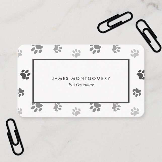 Tarjeta De Visita Personalizado de impresión de pintura gris negra b (White Black Gray Paw Prints Custom Business Card)