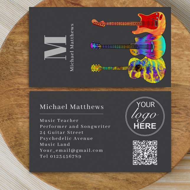 Tarjeta De Visita Personalizado de música de guitarra Código QR y lo (Modern guitar music tutor professional musician logo qr code Business card)