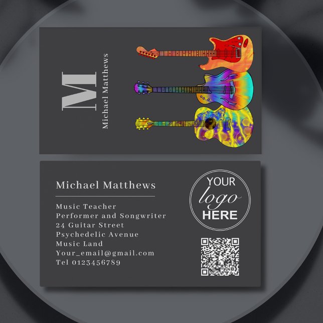 Tarjeta De Visita Personalizado de música de guitarra Código QR y lo (Gray guitar teacher custom qr code and logo business card)