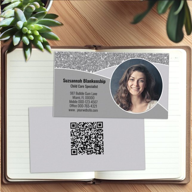 Tarjeta De Visita Personalizado de nana Foto Purpurina de plata fals (Business card qr code and photo template)