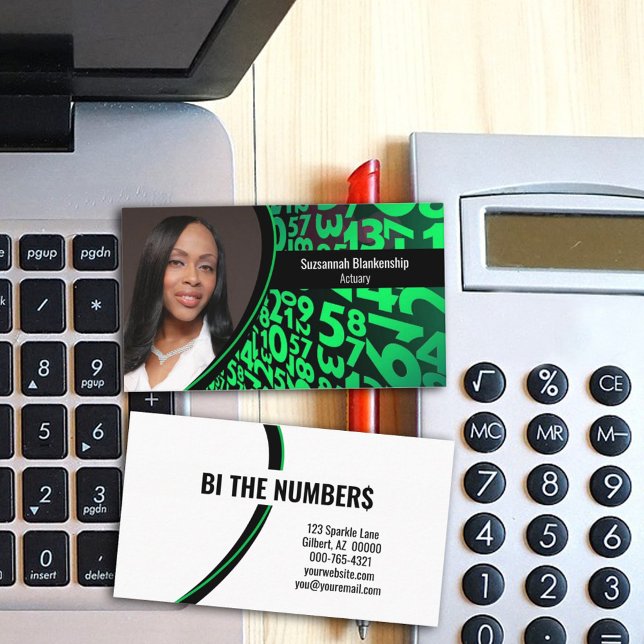 Tarjeta De Visita Personalizado de números negros verdes foto profes (Share your business info on this black and green numbers custom photo business card design.)