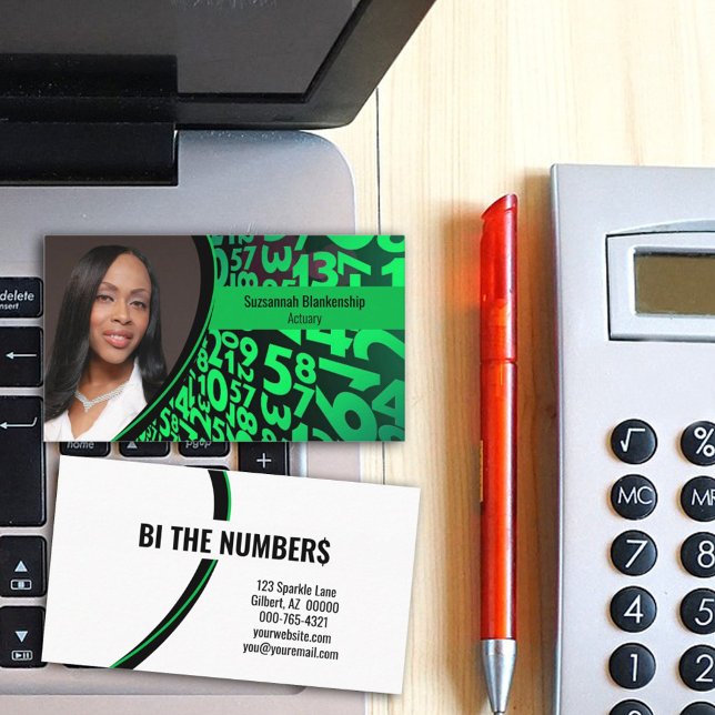 Tarjeta De Visita Personalizado de números negros verdes foto profes (Share your numbers business information on this double-sided custom photo business card design.)