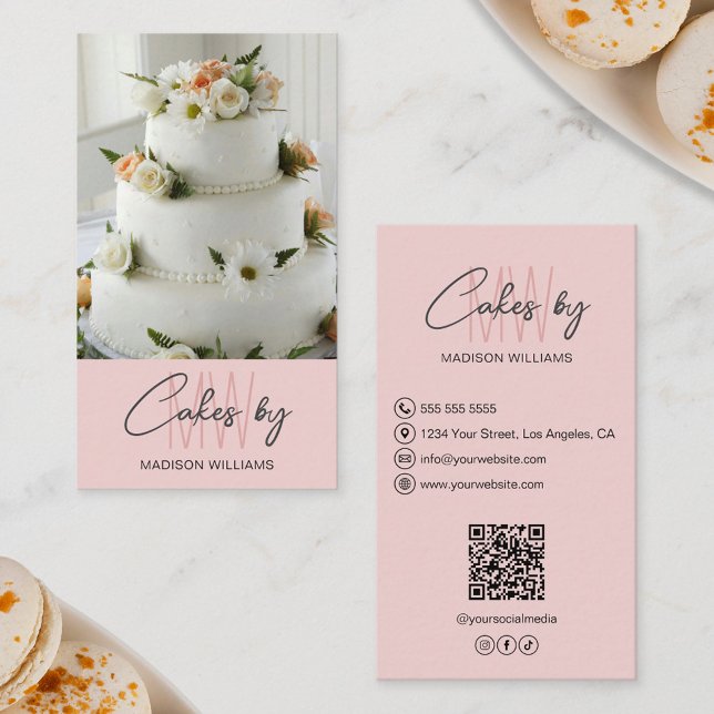 Tarjeta De Visita Personalizado de pastelería Monograma Logo Rosa (Bakery Cake Custom Monogram Logo Pink Business Card)