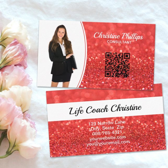Tarjeta De Visita Personalizado de Purpurina de coral profesional Fo (Share a professional photo and QR code link on this faux orange glitter business card design.)