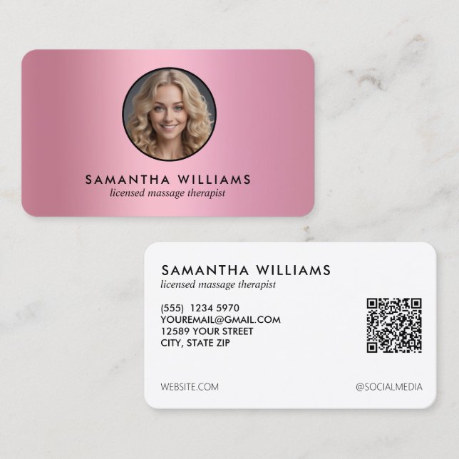 Tarjeta De Visita Personalizado de Terapia de Masaje LMT QR Photo (Anverso / Reverso)