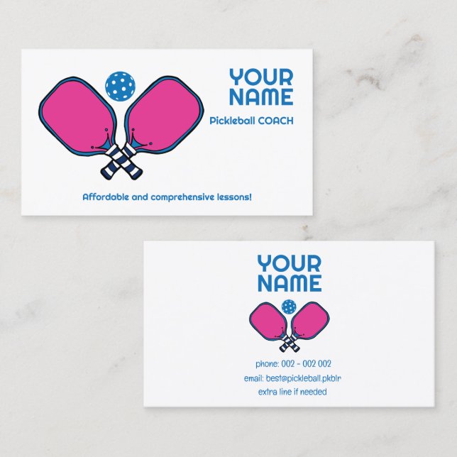 Tarjeta De Visita Personalizado de texto rosa y azul Pickleball (Anverso / Reverso)