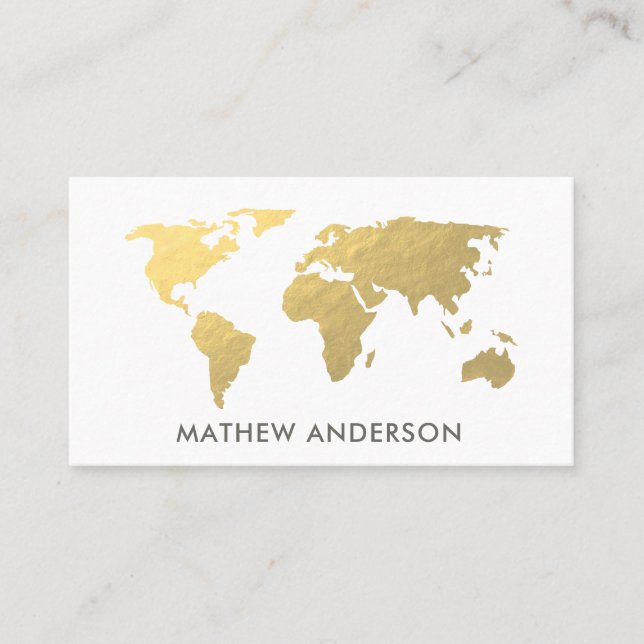 TARJETA DE VISITA PERSONALIZADO EL ELEGANTE MAPA MUNDIAL DE ORO FAUX (Anverso)