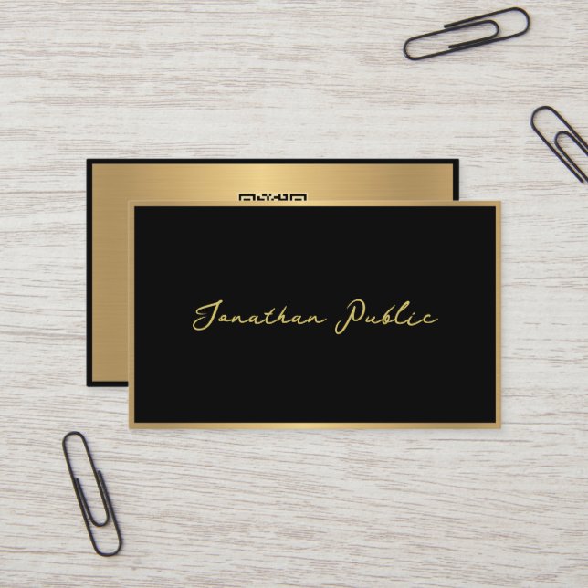 Tarjeta De Visita Personalizado Elegante guión moderno Negro Oro Tam (Anverso/Reverso In Situ)