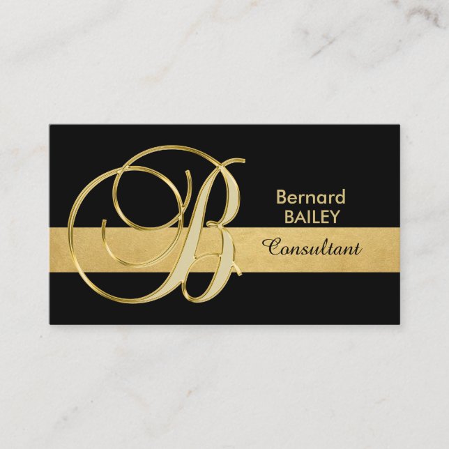 Tarjeta De Visita Personalizado Elegante Monogramado Oro Negro Inici (Anverso)