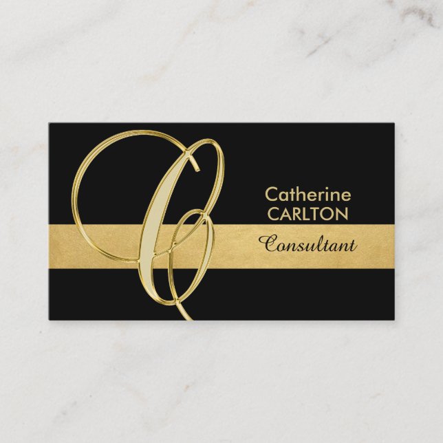 Tarjeta De Visita Personalizado Elegante Monogramado Oro Negro Inici (Anverso)