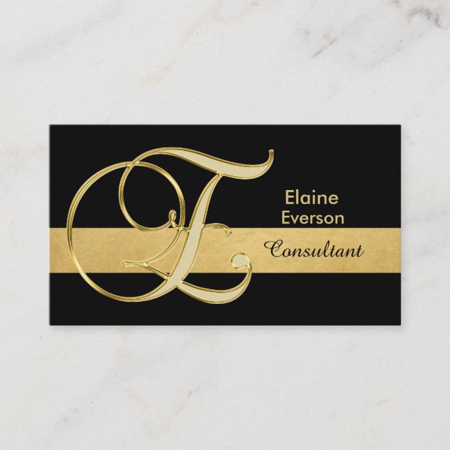 Tarjeta De Visita Personalizado Elegante Monogramado Oro Negro Inici (Anverso)