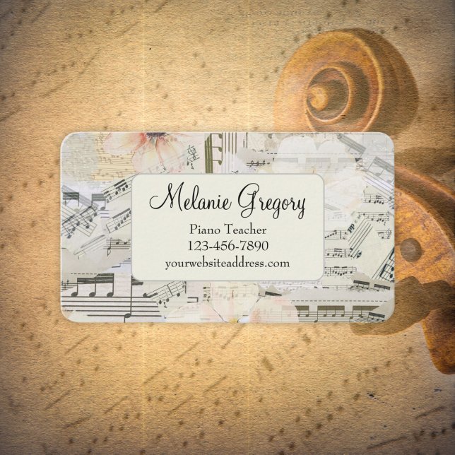 Tarjeta De Visita Personalizado Elegante Música Piano Teacher Floral (Subido por el creador)