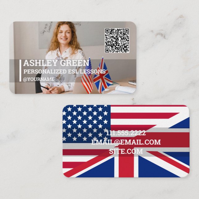 Tarjeta De Visita Personalizado Esl Teacher Foto QR (Anverso / Reverso)