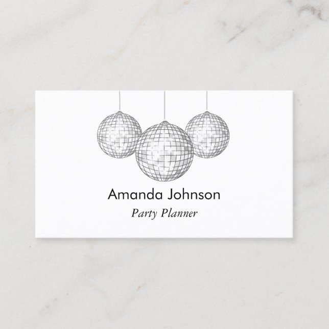 Tarjeta De Visita Personalizado Fiesta Planner de Silver Disco Balls (Anverso)
