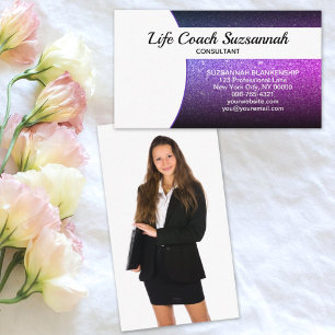 Tarjeta De Visita Personalizado Foto Purple Ombre Purpurina Profesio