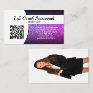 Tarjeta De Visita Personalizado Foto Purple Ombre Purpurina QR Profe