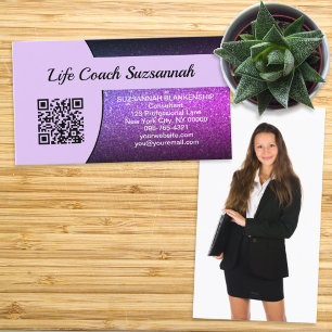 Tarjeta De Visita Personalizado Foto Purple Ombre Purpurina QR Profe