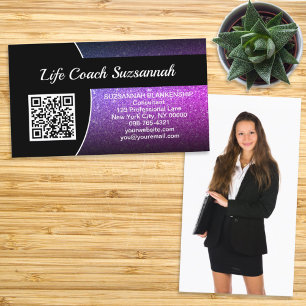Tarjeta De Visita Personalizado Foto Purple Ombre Purpurina QR Profe