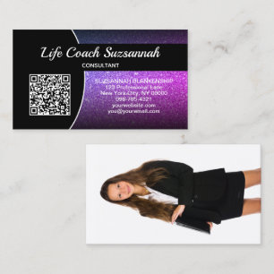 Tarjeta De Visita Personalizado Foto Purple Ombre Purpurina QR Profe