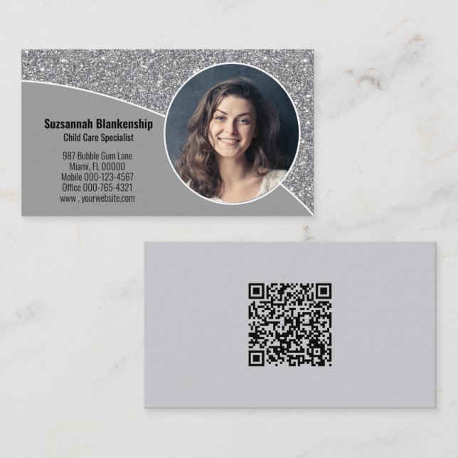Tarjeta De Visita Personalizado Foto Purpurina de la falsa plata Cód (Anverso / Reverso)