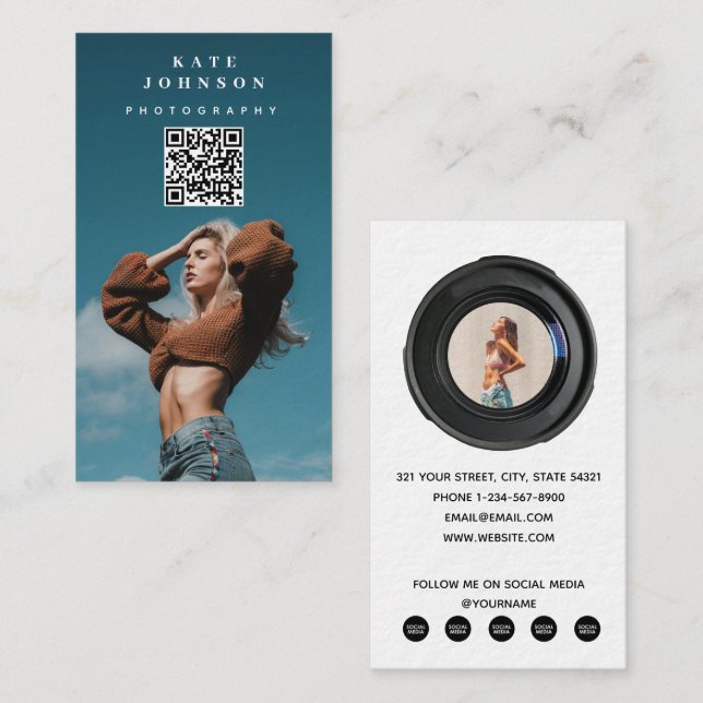 Tarjeta De Visita Personalizado Fotografía de Moda Código QR Medios  (Anverso / Reverso)