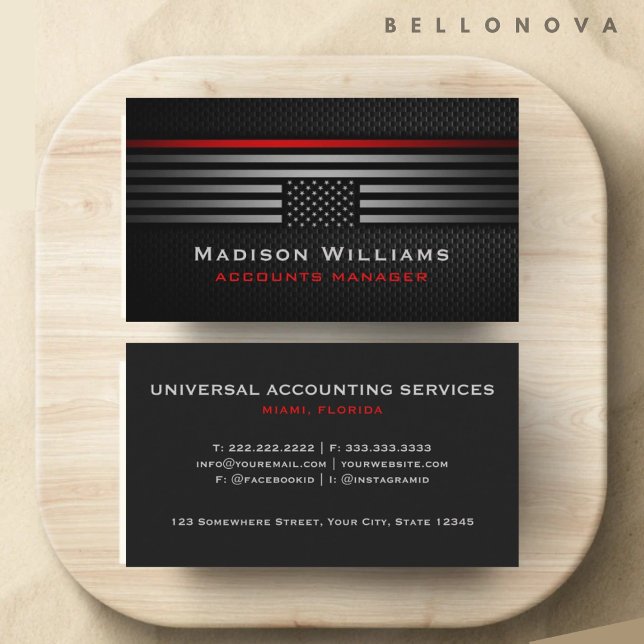 Tarjeta De Visita Personalizado Gris Negro Rojo Estados Unidos Bande (Custom Black Grey Red The USA America Flag Premium Business Card)